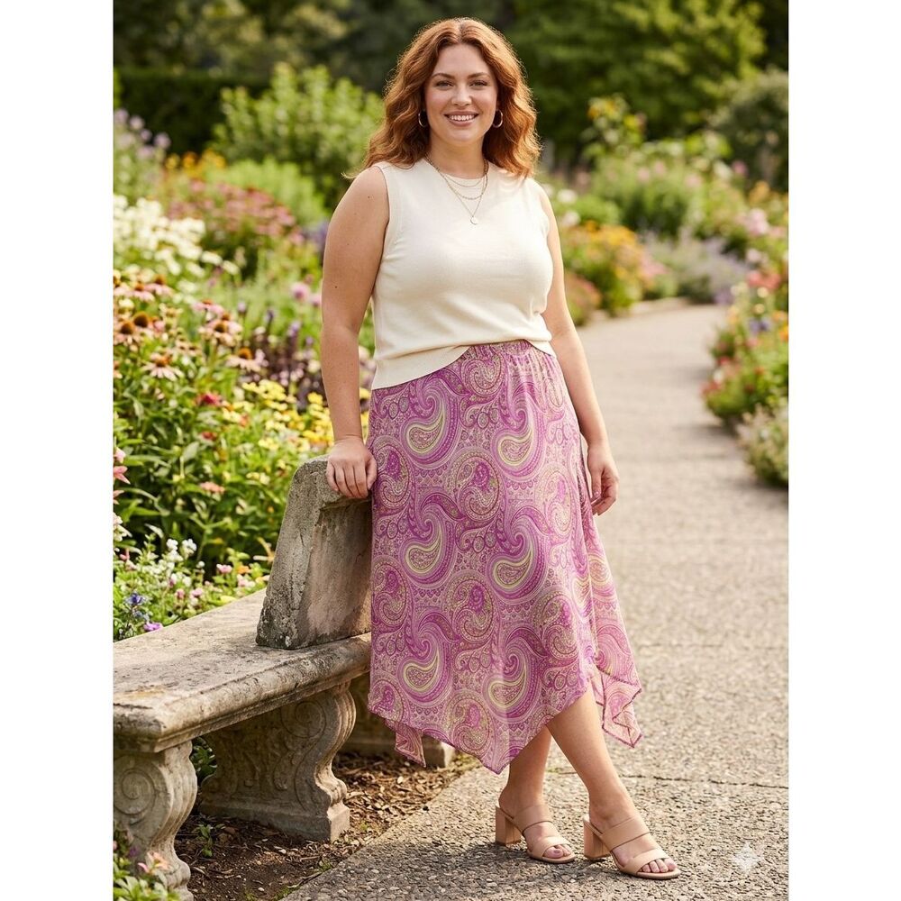 Lane Bryant Paisley Midi Skirt Pink Lime Green Plus Size 18/20 Y2K PLUS SIZE Boh